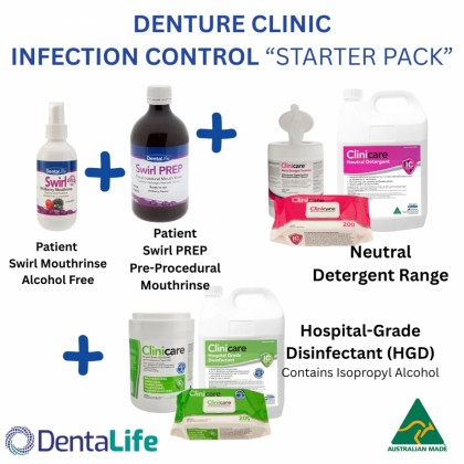 Dentalife Clinicare DENTURE CLINIC / DENTAL PROSTHETIST - STARTER PACK - Mouthrinse, Mouth Prep, Wipes, Liquids, Detergent and Disinfectant - 1 Pack (8 Items)