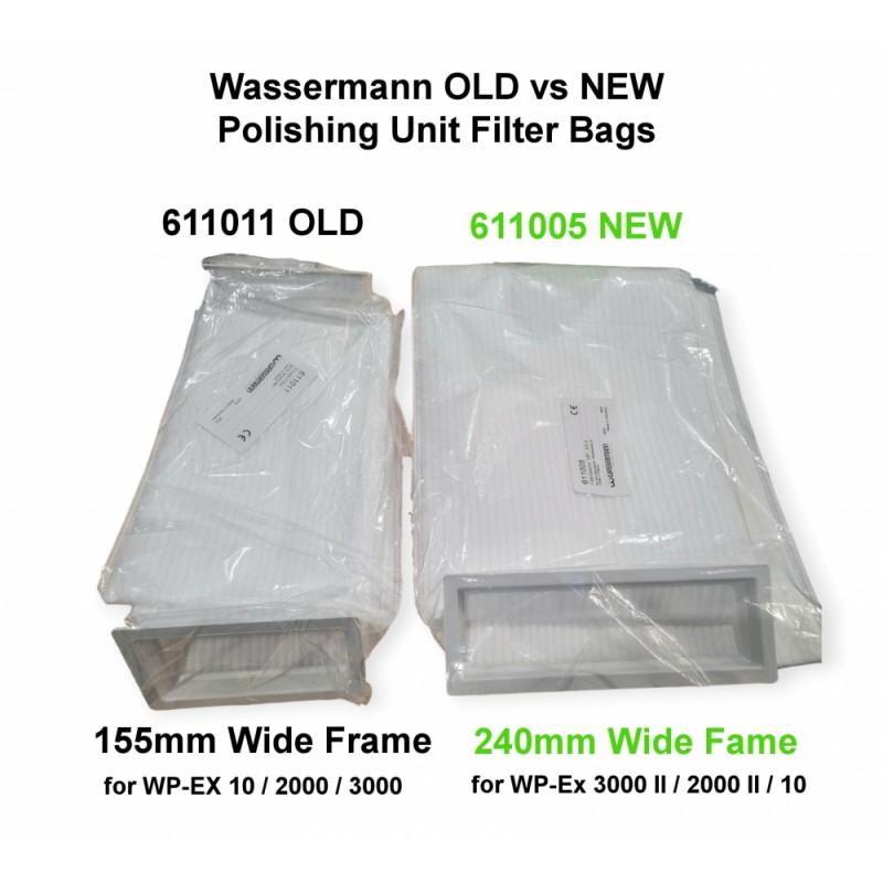 Wassermann Polishing Unit - Set (2) Spare Filterbags for NEWER Polishing Unit WP-Ex 3000 II / 2000 II / 10 II - 240mm Wide Frame - Code: 611005 - SPAREPART